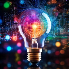 Wall Mural - A glowing light bulb, filled with colorful circuits, represents brilliant ideas and innovation. A digital background with vibrant bokeh adds to the futuristic aesthetic. The idea shines brightly.