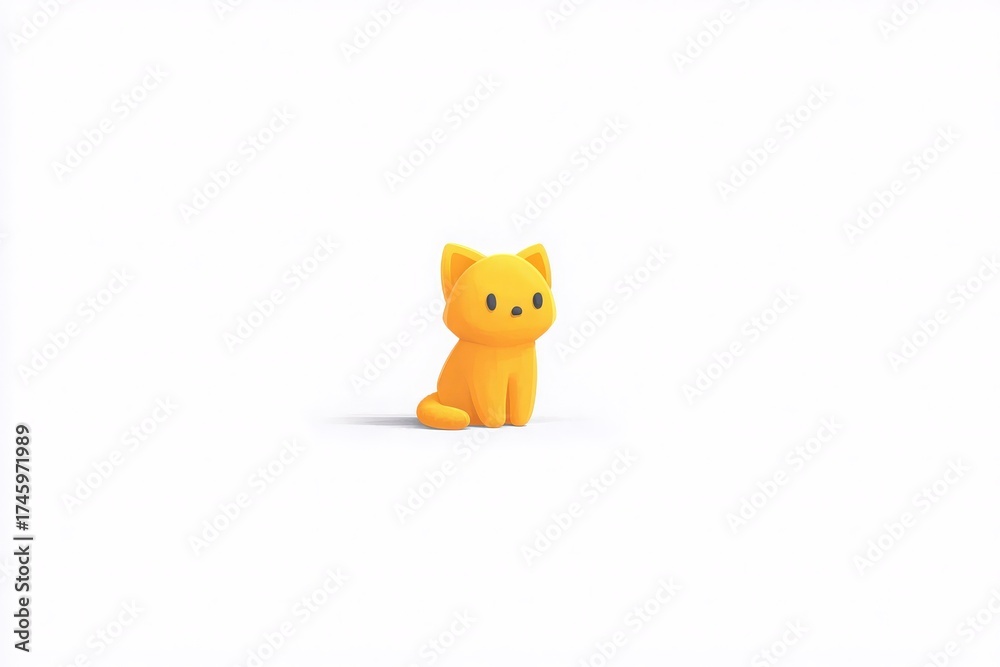 A small, bright yellow cat figure is sitting upright. The cat has large, round eyes and a cheerful expression. Its simple design and smooth texture create a playful vibe against the white background.
