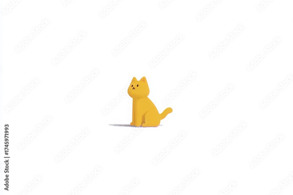 A small yellow cat is sitting on a plain white background. The cat has a curious expression, with its tail up and ears perked. It appears playful and attentive, ready for interaction.