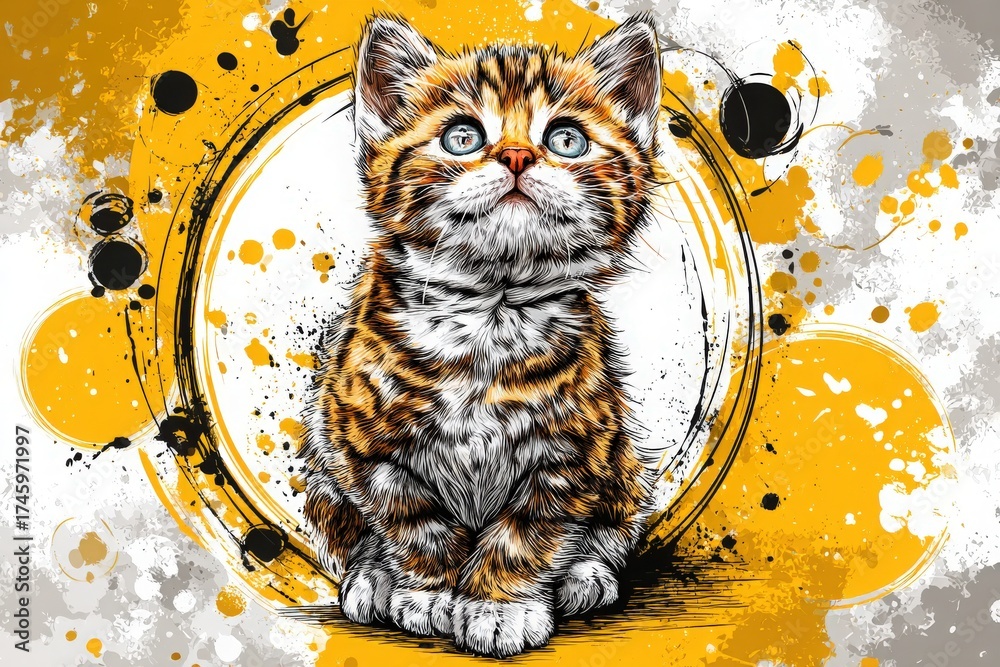 A playful tabby kitten sits upright, looking curiously at its surroundings. The background features bright yellow and black abstract shapes, adding a lively touch to the scene.