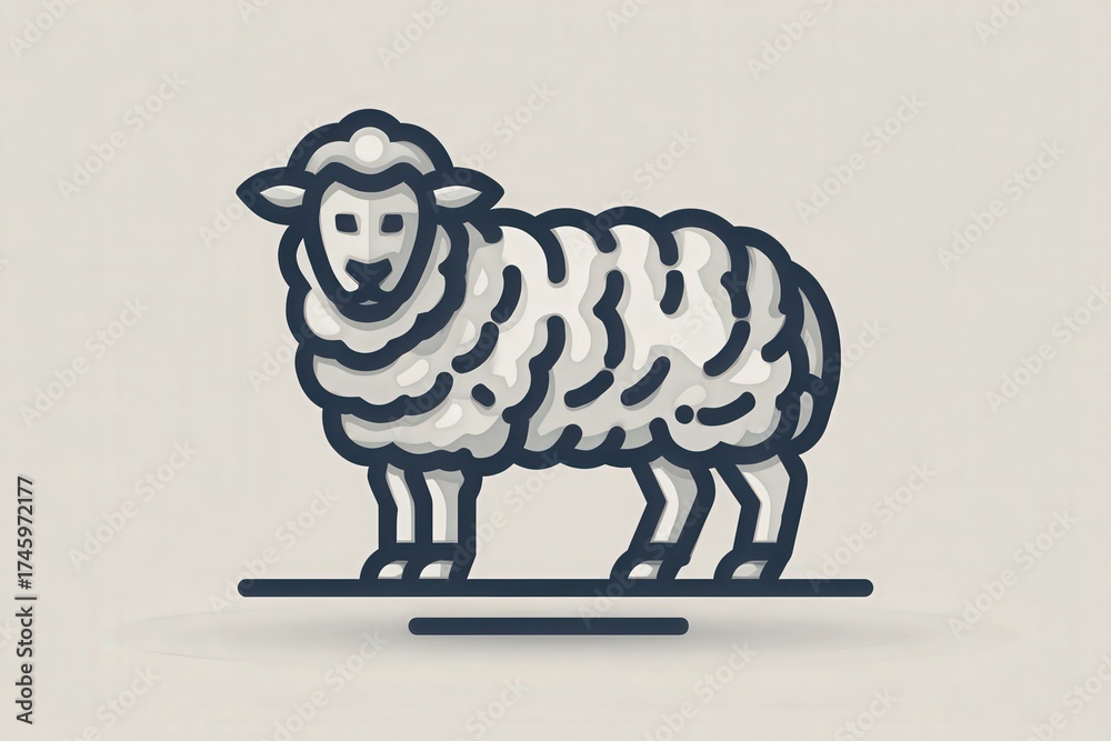 A sheep stands upright on a flat surface, showcasing its fluffy wool coat and simple, outlined features.
