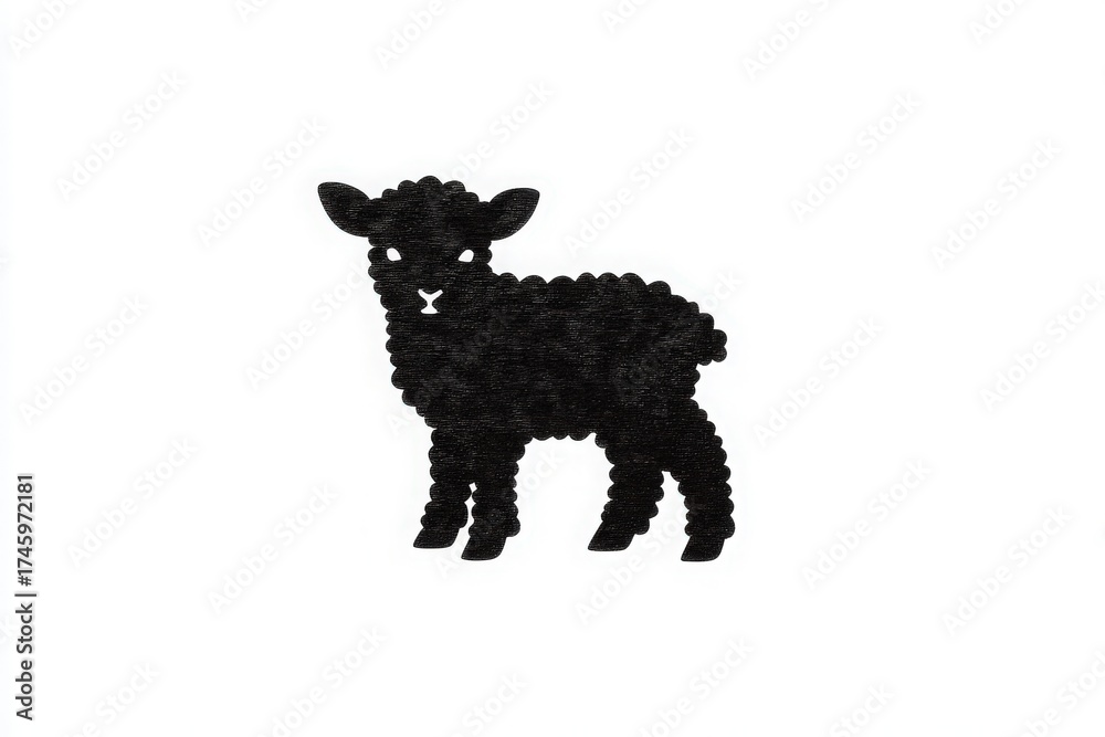 A black sheep silhouette is positioned against a white background. The sheep has a fluffy appearance with distinct features, creating a charming decorative look.