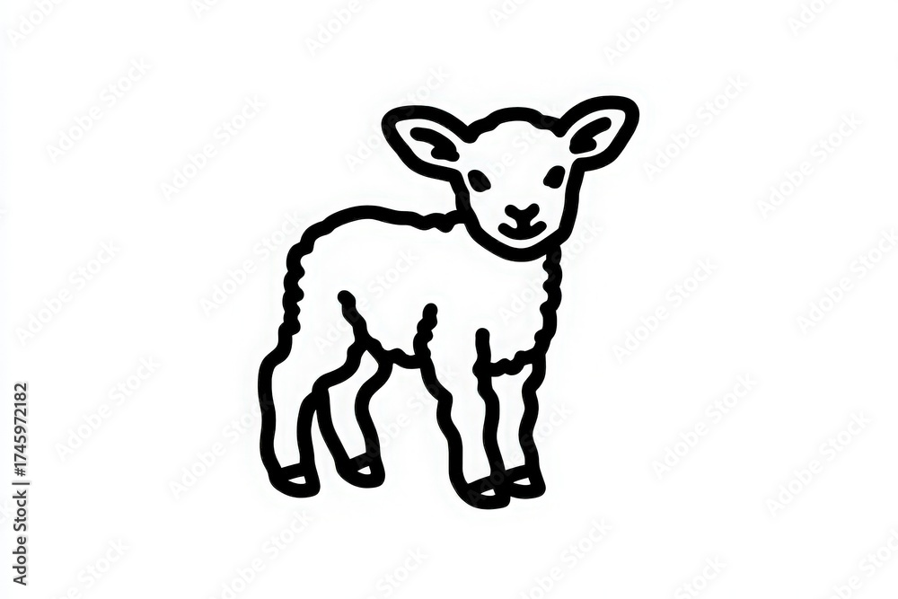 This illustration showcases a cute lamb with a fluffy body and big ears. It stands on all fours, featuring a simple black outline, making it ideal for various design projects.
