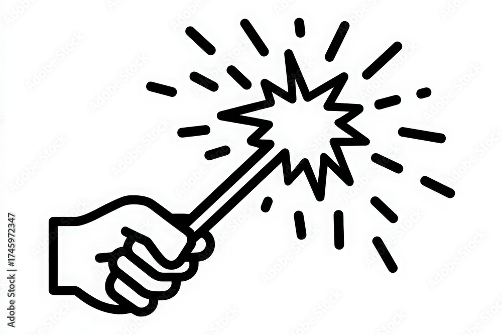 A hand holds a magic wand surrounded by bright, sparkling effects, capturing the essence of imagination and creativity. This scene evokes feelings of magic and adventure, perfect for storytelling.