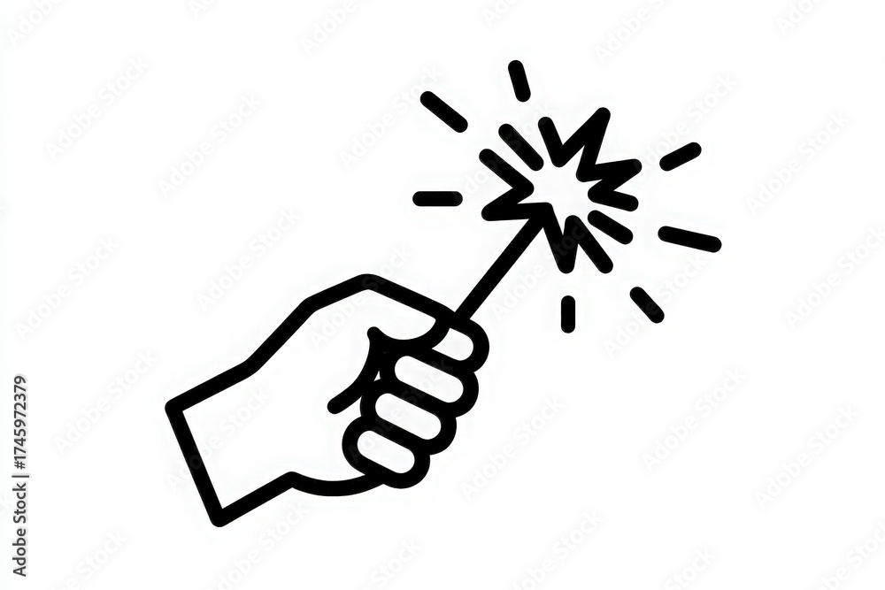 A hand is holding a sparkler, releasing bright sparks into the dark night sky. The scene captures the excitement of a celebration, filled with light and joy.