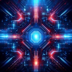 Wall Mural - Glowing circuits radiating outward from a central source, blue and red hues create a futuristic, digital abstract pattern. The design suggests connections and complex systems.