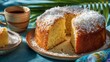 © Sebastian Visuals - Homemade coconut cake on ceramic plate served with tea set, tropical dessert presentation highlighting sweetness, comfort, and the warm hospitality of traditional home baking