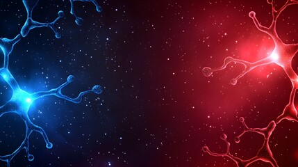 Wall Mural - The image shows a cosmic scene with neuron-like structures glowing in blue and red, set against a star-filled backdrop, creating a captivating juxtaposition of science and space.