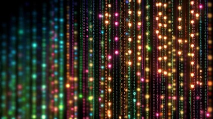 Wall Mural - Illuminating Display: A dazzling display of luminous light particles cascades downwards, forming vibrant streams of color and pattern, evoking a sense of energy, dynamism.
