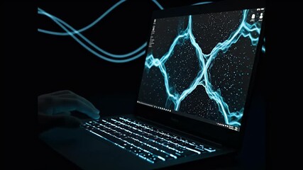 Hacker typing on a laptop with glowing blue digital data streams flowing around.