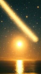 Wall Mural - A mesmerizing cosmic scene with a low-angle view of a glowing sun on the horizon, stars, and a comet. Ideal for a dreamy video backdrop. Live mobile wallpaper.