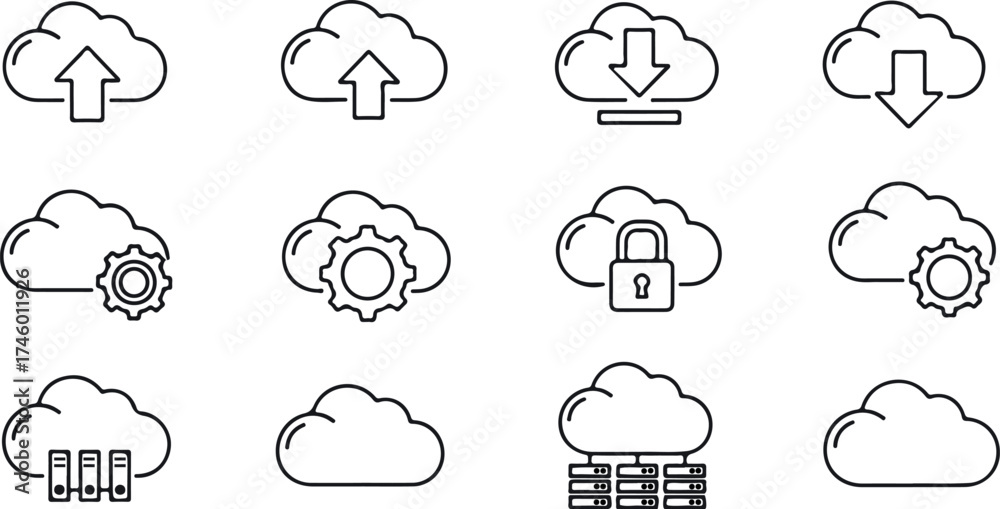 Vector art of set of cloud computing icons, including upload, download ...