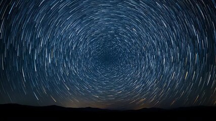 Wall Mural - Circular star trails arc across a deep night sky above a dark horizon, forming abstract celestial energy patterns in a timelapse abstract, evolution, sky scape