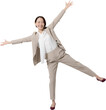 © kapinon - スーツで腕を広げて喜ぶジャンプするような女性の正面全身　背景透明でLPなどに使いやすい、飛躍や紹介などのイメージ