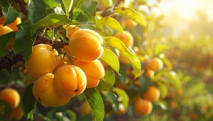 ripe apricots growing on a tree branch in golden sunlight.