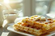 © Sunny_Hare - Crispy golden waffles with syrup and butter, placed by window with warm morning sunlight background, cozy breakfast vibe.