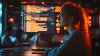 Focused Female Programmer Working Late on Complex Code.