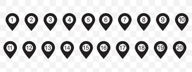 Wall Mural - Location pin icons with number. Map marker symbol set with 1 to 20 numbers. Transparent vector illustration.