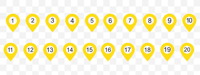 Wall Mural - Location pin icons with number. Map marker symbol set with 1 to 20 numbers. Transparent vector illustration.
