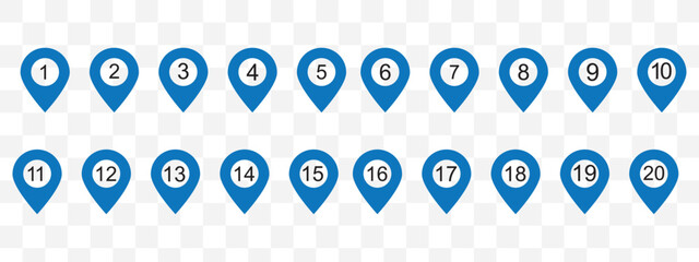 Wall Mural - Location pin icons with number. Map marker symbol set with 1 to 20 numbers. Transparent vector illustration.