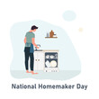 © Ekaterina - Minimalist cartoon illustration of a man washing dishes in the kitchen for National Homemaker Day. Flat vector style with clean background and soft colors, concept of modern family and daily chores.