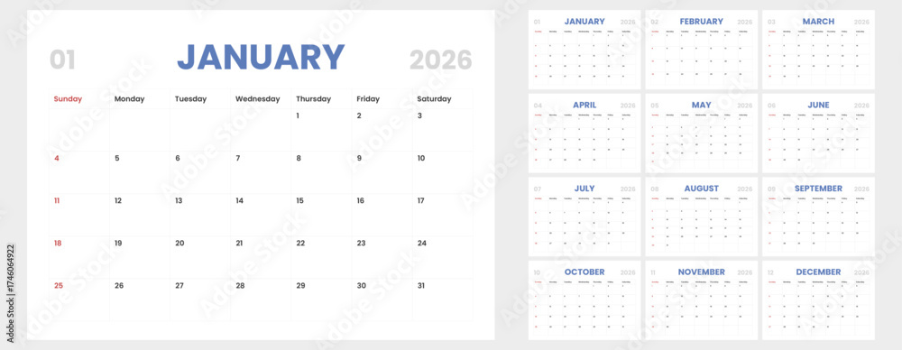 Clean monthly calendar template for 2026. Year 2026 calendar layout ...