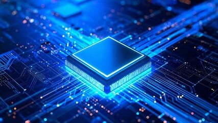 Central processing unit illuminated with blue light, connected on a web of circuitry lines, technological background