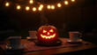 © Pep - Photograph of a Halloween-themed outdoor setting at night. A carved pumpkin with a glowing, triangular-eyed, and toothy grin sits in the center of a wooden table. Two white ceramic cups with saucers