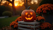 © Pep - Photograph of a carved pumpkin with a glowing, triangular-eyed, toothy grin sitting on a white wooden crate. The pumpkin is surrounded by clusters of orange chrysanthemums in a garden setting. The
