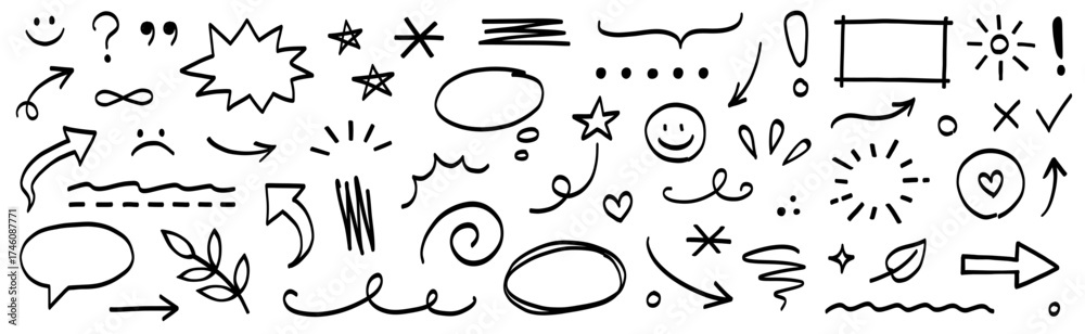 Hand line marker sketch icon set. Hand drawn marker brush stroke arrow ...