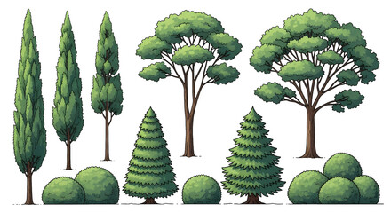 Collection of various trees and bushes, including cypress, pine, and round bushes isolated on transparent background