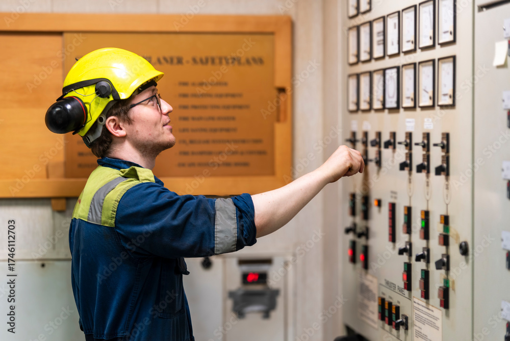 Young marine engineer during his daily routine work in engine room ...