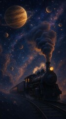 Wall Mural - A vintage train travels through a starry night with planets above. Low-angle shot creates a cinematic, dreamy video-like atmosphere. Live mobile wallpaper.
