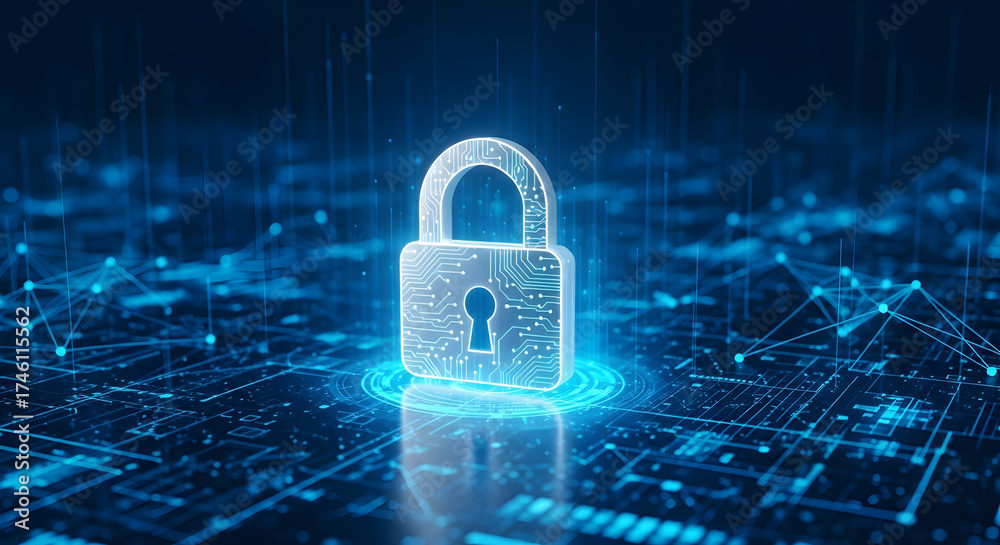 Glowing padlock with circuit board design on a complex blue network ...