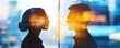© Efi - City backdrop, two silhouetted professionals facing each other, business meeting