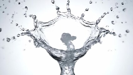 Wall Mural - A clear water balloon bursts dramatically upon impact in super slow motion, releasing a powerful splash and intricate droplet patterns refreshment, momentum, bursts