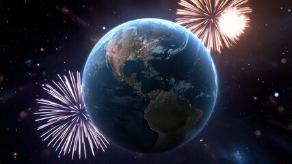 Wall Mural - Earth planet space fireworks celebration night glowing city lights bright explosions illuminating continents festive atmosphere cosmic view vibrant colors illuminating dark sky