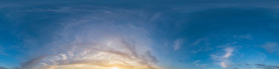 Wall Mural - Seamless 360 HDR spherical panorama of sunset sky with vibrant pink Cirrus clouds. Full zenith or sky dome in 3D, sky replacement for aerial drone panoramas. Climate and weather change.