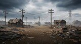 A desolate, post-apocalyptic landscape with abandoned wooden houses, debris, and power lines. The gloomy atmosphere is enhanced by the dark, cloudy sky, suggesting devastation and decay.