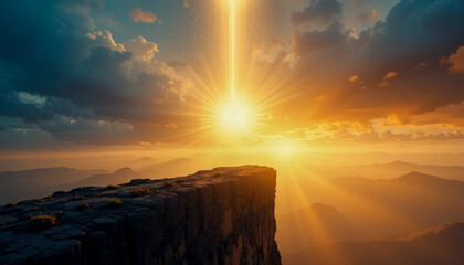 Wall Mural - Golden sunset over mountain range with a cliff in the foreground.