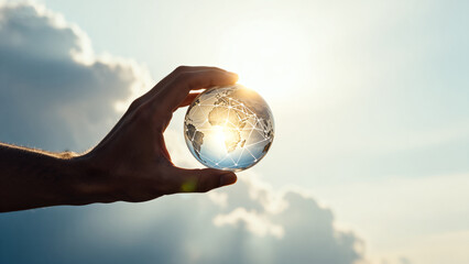 Hand holding glass globe with network