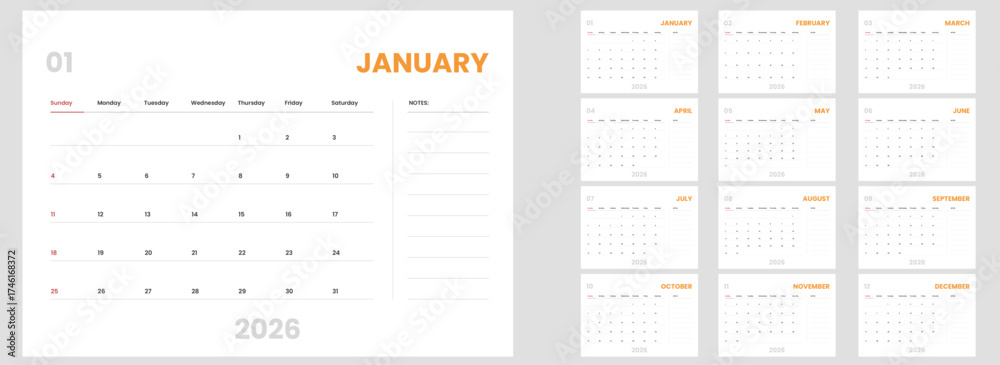 Clean and simple calendar template for 2026. Monthly 2026 calendar ...