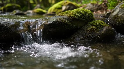 Wall Mural - Crystal clear forest stream water slowly cascades over mossy rocks, creating intricate bubbly patterns refreshing, natural beauty, clean