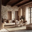© baidi - Rustic living room interior with stone walls, wooden beams, and comfortable seating creates a cozy and inviting atmosphere