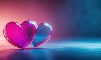 Wall Mural - Two translucent hearts, one pink, one blue, stand on a reflective surface with colorful background lighting. AI.