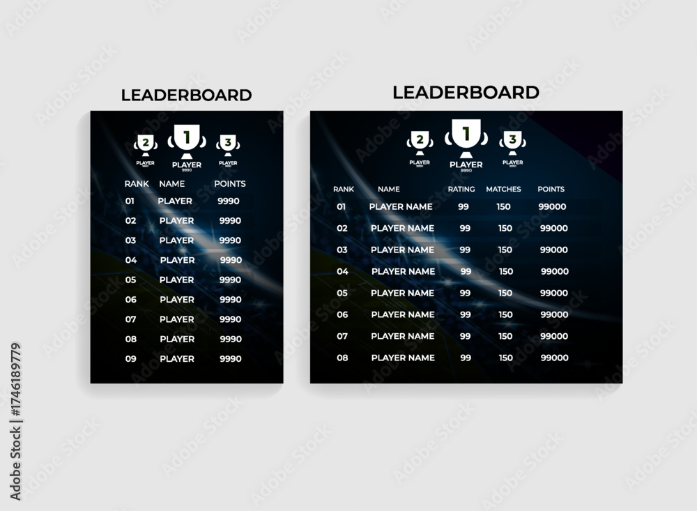 Realistic football esports leaderboard UI template set for game ...