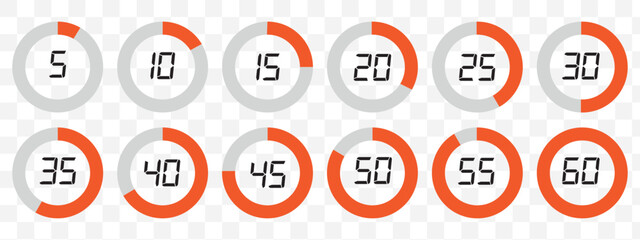 Wall Mural - circular red and gray timer icons showing 5 to 60 minutes in increments used for countdown or tracking