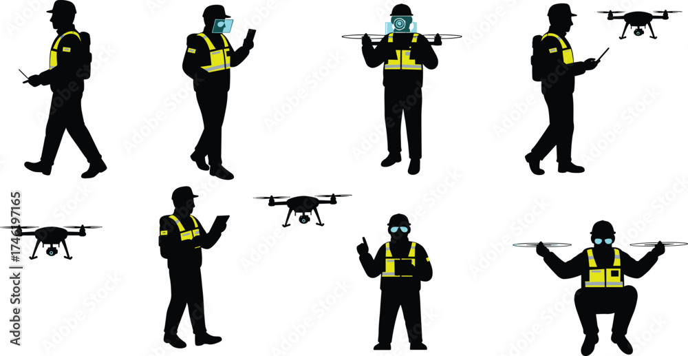 Stock-Vektorgrafik „Drone operator silhouette vector set, industrial ...