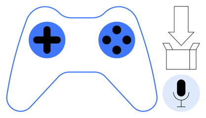 Game controller with directional pad and buttons, downward arrow into box, and microphone circle. Ideal for gaming, app development, interaction, technology, innovation, multimedia simple flat