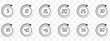 © Daishin - Set of circular countdown timer icons from 5 to 60 minutes. Timer, clock, stopwatch and cooking time icon set. 5, 10, 15, 20, 25, 30, 35, 40, 45, 50, 55, 60 minutes. Isolated vector illustration